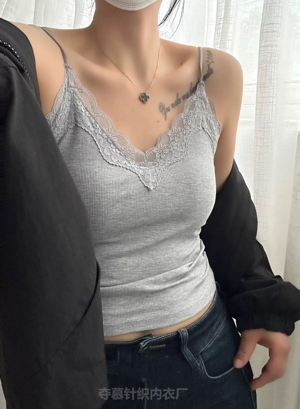 新款V领蕾丝花边吊带背心细肩带中长款美背背心女内搭显瘦固定杯|undefined