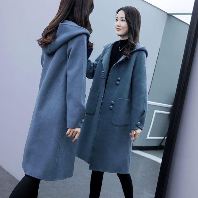 毛呢外套女2021新款秋冬装韩版宽松中长款连帽复古呢子大衣女潮衣