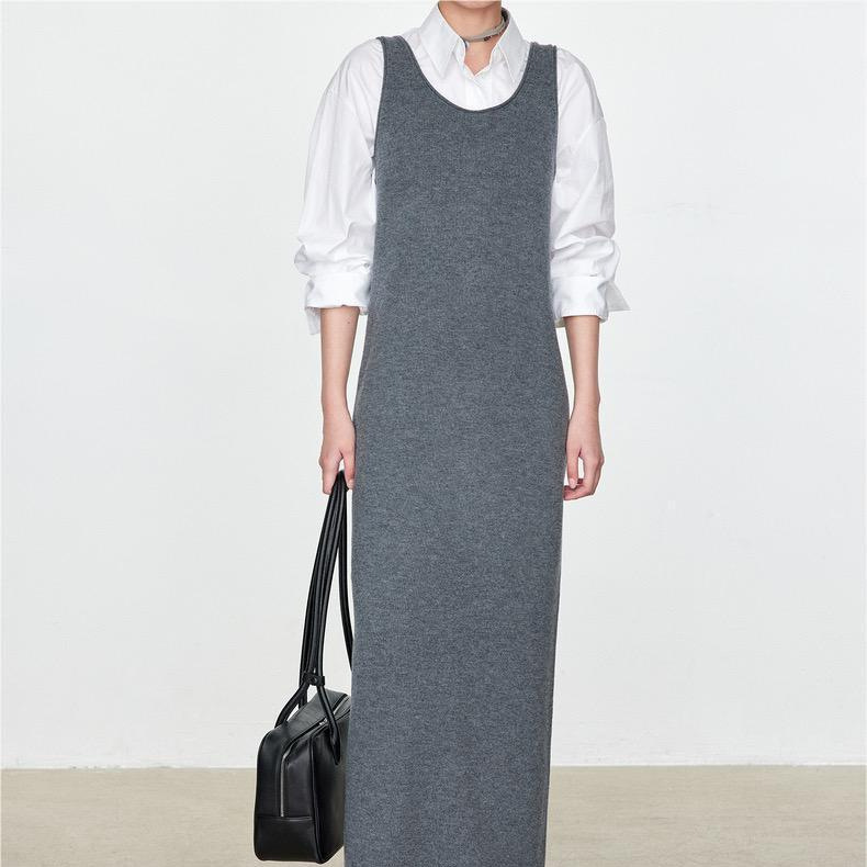 Th*Row Style Australian Imported Merino Wool Collar Dress, Layered Two-Piece Knitwear Set for Women