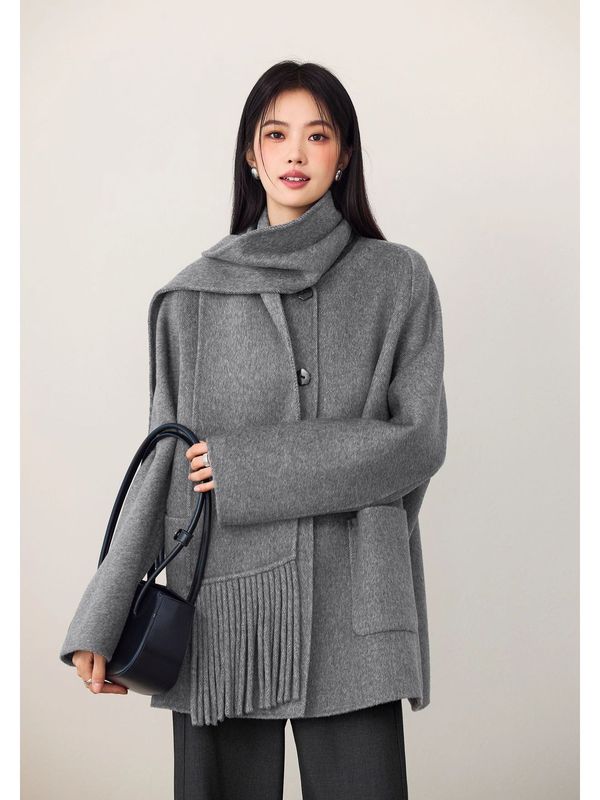 伊*L女装2025秋季新款可脱卸围巾领设计两穿毛呢外套女1G9970141|undefined