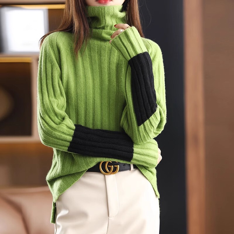 Autumn and Winter new style sleeve color matching woolen sweater turtleneck pit sweater women's inner wear lazy style thickened knitted bottoming shirt