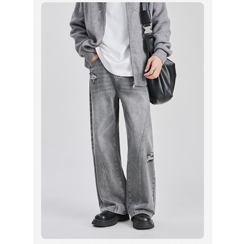 Men's High Street Jeans Trendy Sophisticated Loose Straight Leg Washed Distressed Ripped Long Pants Midweight Cotton_mkmklike.com