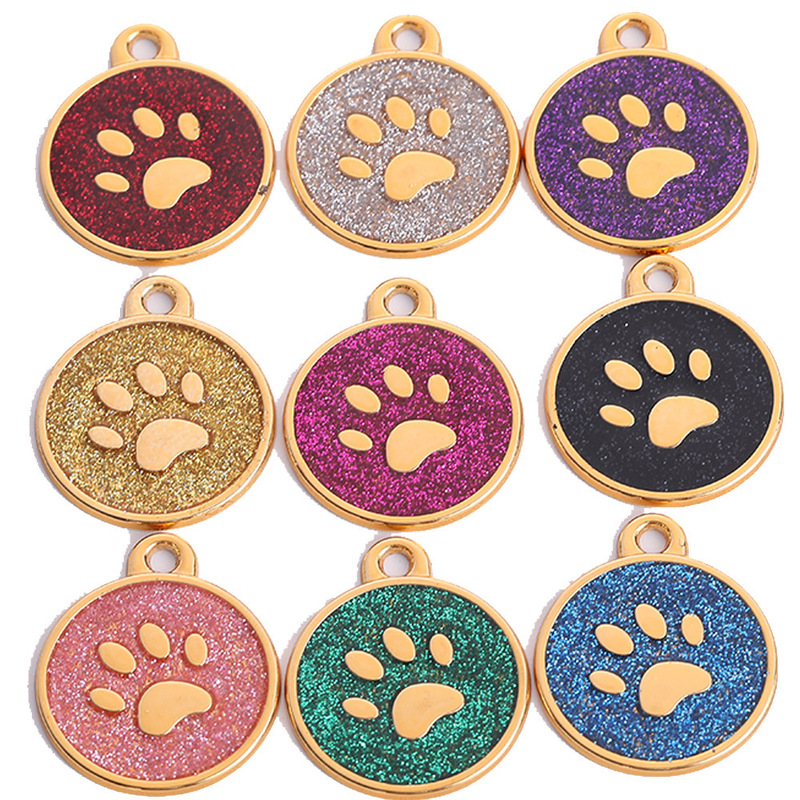 Round Glitter Paw Print Dog Tag Pet Collar Pendant Accessory, Laser Engraving Available, Small Dog Cartoon Round Glitter Paw Print Dog Tag Pet Collar Pendant Accessory, Laser Engraving Available, Small Dog Cartoon