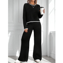 爆款欧美女装套装2025秋冬新款时尚长袖针织上衣高腰阔腿裤两件套