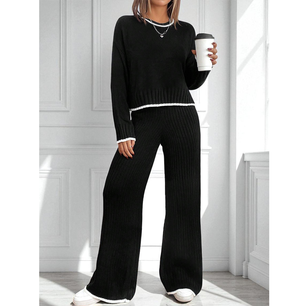 Popular European and American Clothing Suit 2025 Autumn and Winter New Fashion Long-Sleeved Knitted Top High-Waisted Wide-Leg Pants Two-Piece Set