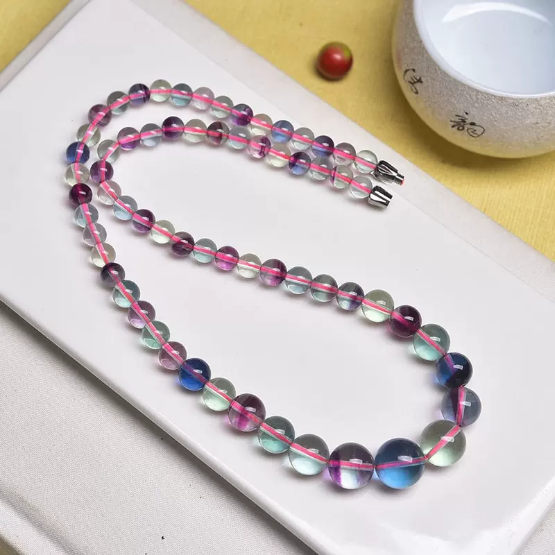 冰种萤石塔链小清新七彩孔雀女款水晶项链做工精细水晶项链