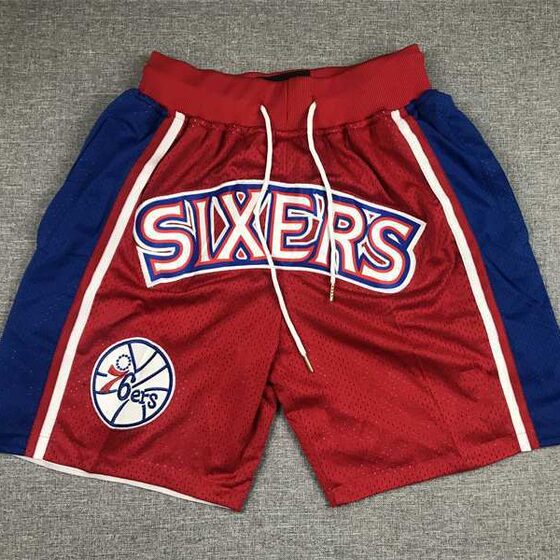 Basketball pants dense embroidered shorts pants Philadelphia 76ers retro full embroidered zipper pocket pants wholesale