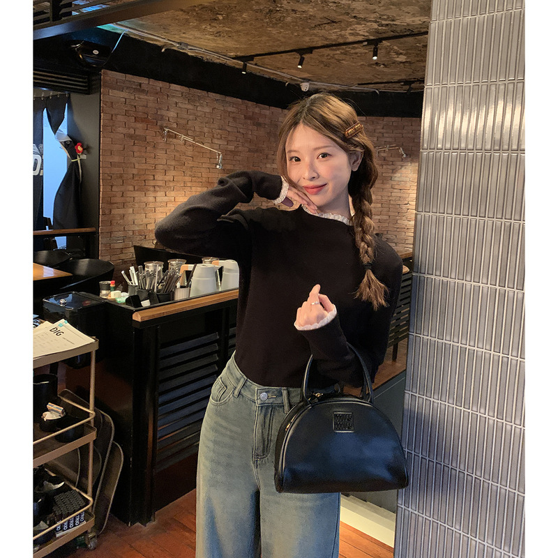 睛雅服饰软糯百搭蕾丝领针织打底衫2025秋季新款气质显瘦内搭上衣|undefined