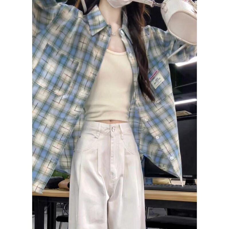 轻奢复古格子衬衫女上衣春秋款外套打底内搭叠穿小衫格纹衬衣外穿|undefined