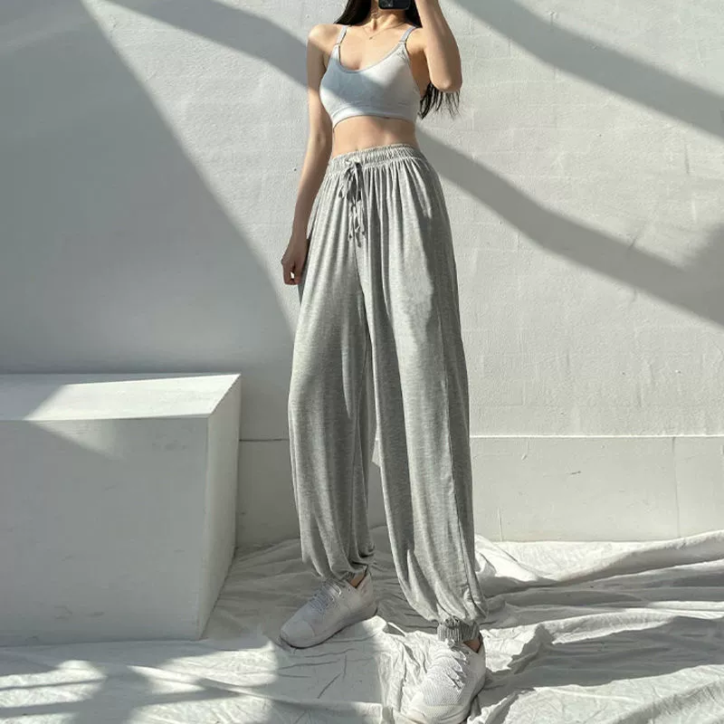 Танцевальные брюки, спортивные брюки, черные женские летние тонкие свободные модные широкие брюки для бега, брюки-фонарики с высокой талией.