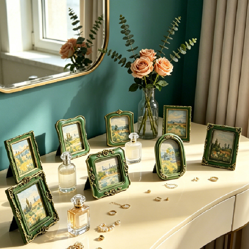 Cross-border Baroque-style green gold-edged carved photo frame for tabletop and wall hanging, DIY small accessory display frame