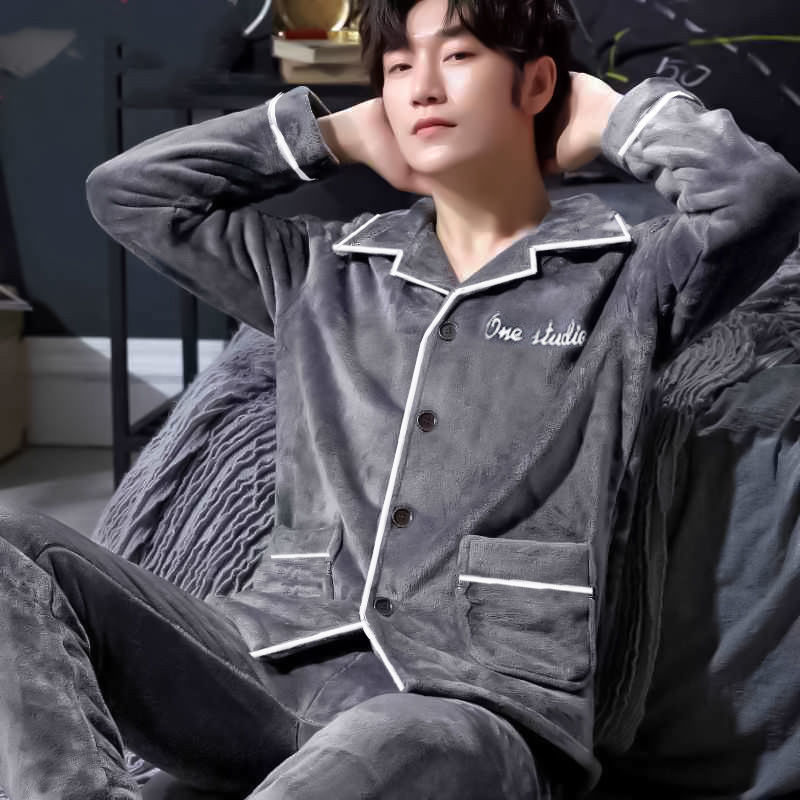 가을과 겨울 남자 플란넬 파자마 카디건 두꺼운 기모 산호 양털 따뜻한 플러스 사이즈 남자 홈 옷 세트