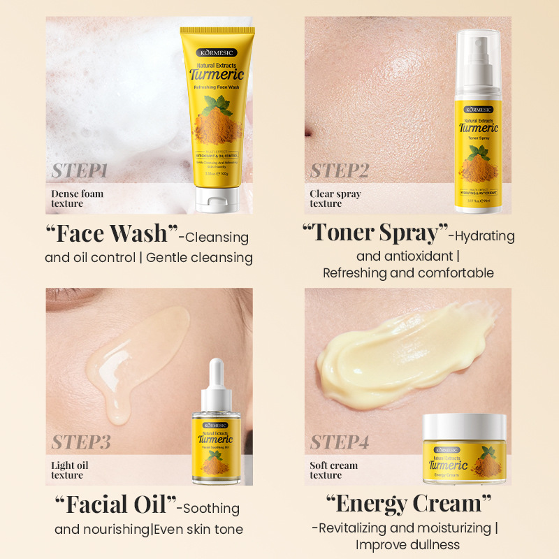 KORMESIC Turmeric Facial Care Set 4 Pieces Set Limpiador / Facial Spray Factory Cross-Border Wholesale image 5