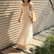 【梨花雪】法式古典白色连衣裙女夏季方领碎花泡泡袖新中式长裙子