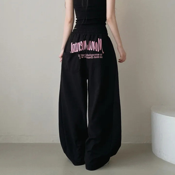 Black Korean Style Fashionable Brand Thin fleece-lined Loose Slimming Casual Pants Autumn and Winter Wide Leg Pants Women's Summer New High Waist