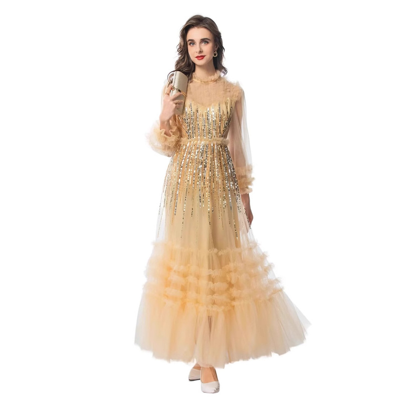 Champagne Gold Sequined Evening Dress for Women, Heavy-Duty Pavé Tulle Long Dress, High-Neck Ruffled Banquet Gown 20245