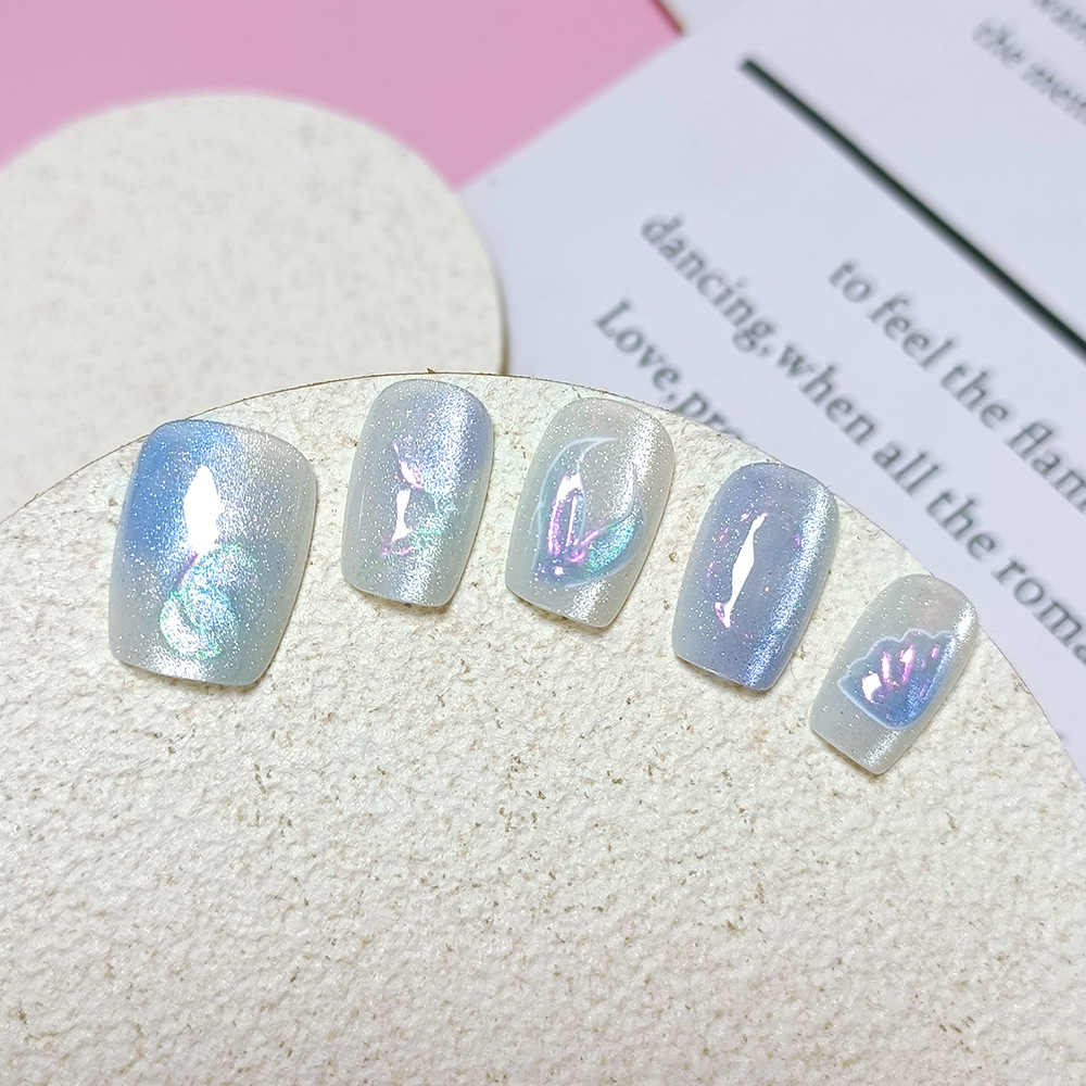 Cola de sirena azul gradiente parche de uñas simple ojo de gato 10 piezas decodificación desgaste a mano