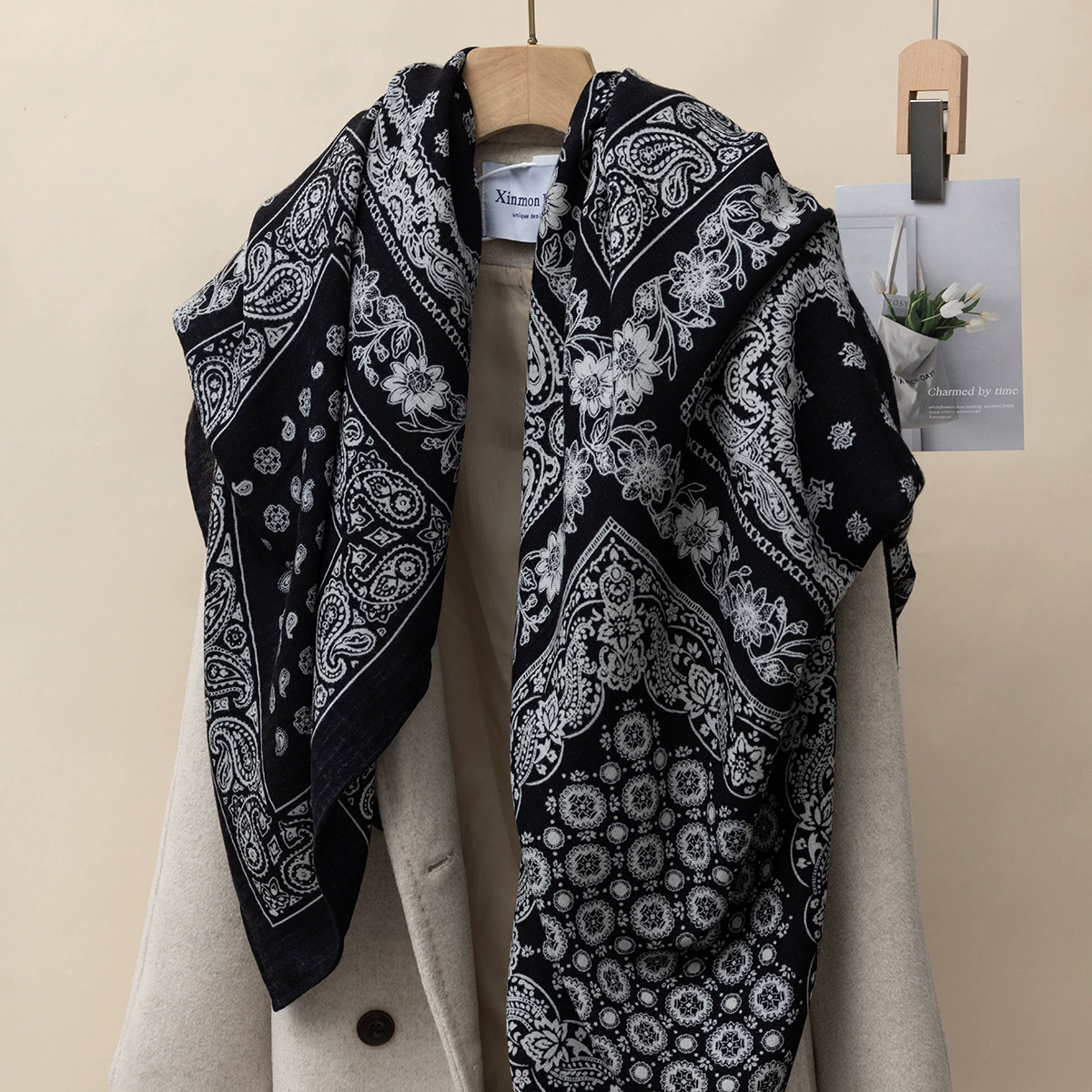 Black woolen winter scarf, keep warm fashionable cloak, high-quality style, wholesale