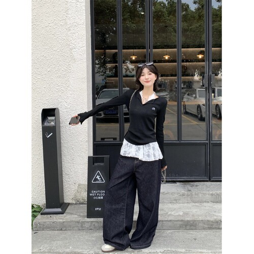 Sweet and Spicy Unique Embroidered Long-Sleeve Knit Top for Women - Early Autumn New Arrival Slimming and Elegant Layering Design - Black