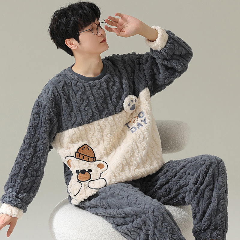 [100% fibra de poliéster] pijamas pareja de coral de lana desgaste en el hogar de dos piezas de franela engrosada cálida primavera y otoño