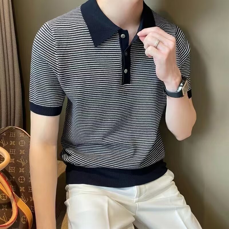 Verano hombre camiseta de punto de manga corta polo camiseta de collar rayas camiseta de comercio exterior al por mayor transfronterizo casual versátil