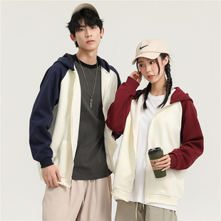 320g Double-Sided Cotton Color-Blocked Hooded Zipper Jacket for Men and Women, Trendy Customized Student Class Uniform, Loose Sweatshirt with Printed Logo