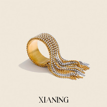 夏凌欧美细钢珠流苏宽面开口可调节戒指镀18K金女士钛钢饰品批发