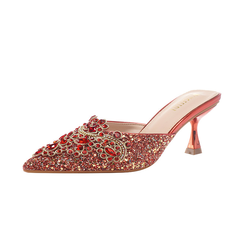 2025 verano nuevo estilo red red diamond medio zapatillas zapatillas de tacón frío zapatillas de tacón alto zapatillas de mujer ropa exterior de moda tacones delgados punta image 6