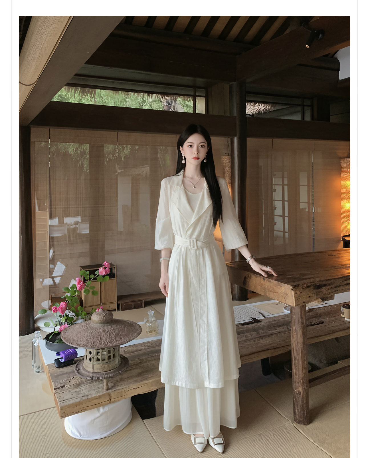 Áo khoác chống nắng dáng dài phong cách tân cổ điển trơn màu trắng ngà — màu trắng ngà chi tiết 8