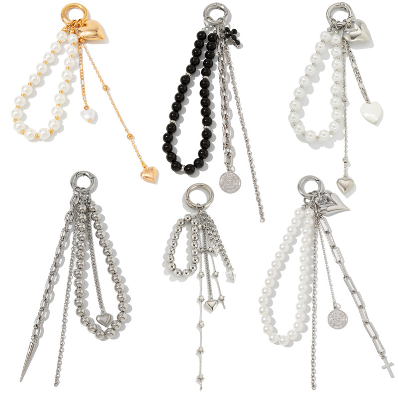 European and American Creative Cross Micro Beaded Tassel Bag Chain Hanging Simple All-match Imitation Pearl Love Keychain