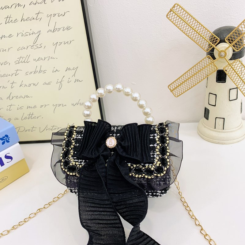 Nueva cadena bolso de mochila para niños negro y blanco tweed pequeño viento fragante bolso de hombro de niñas lindos bolsos de perlas