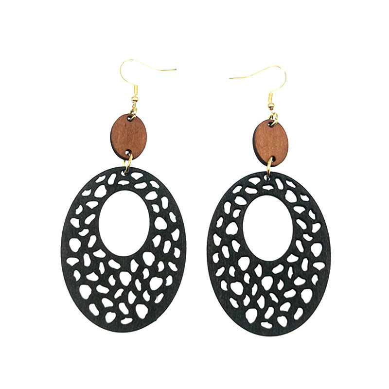 European-american Amazon cross-border Bohemian retro earrings Mesh cut wood pieces geometric oval earrings