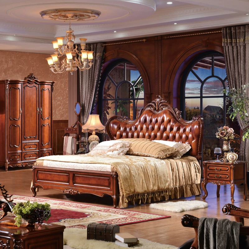 Европейская кожаная двуспальная кровать из цельного дерева Кожаная кровать Спальня Двуспальная кровать Свадебная кровать Французский четырехдверный шкаф европейский туалетный столик