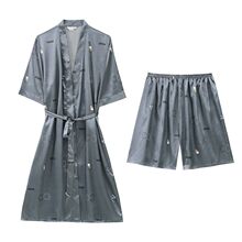 丝绸睡袍男夏季长袖薄款冰丝浴袍男装中长款春秋睡衣家居服