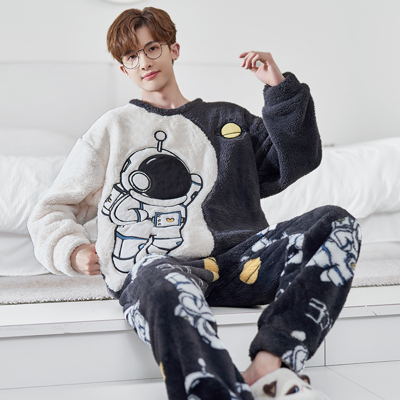 Pijamas de invierno de los hombres de coral de lana engrosada forrada de lana cálido desgaste del hogar traje de dibujos animados de franela Jersey de invierno de los hombres