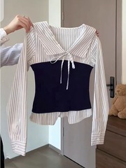 韩系条纹撞色系带翻领衬衫女小众设计感修身显瘦长袖上衣秋季新款
