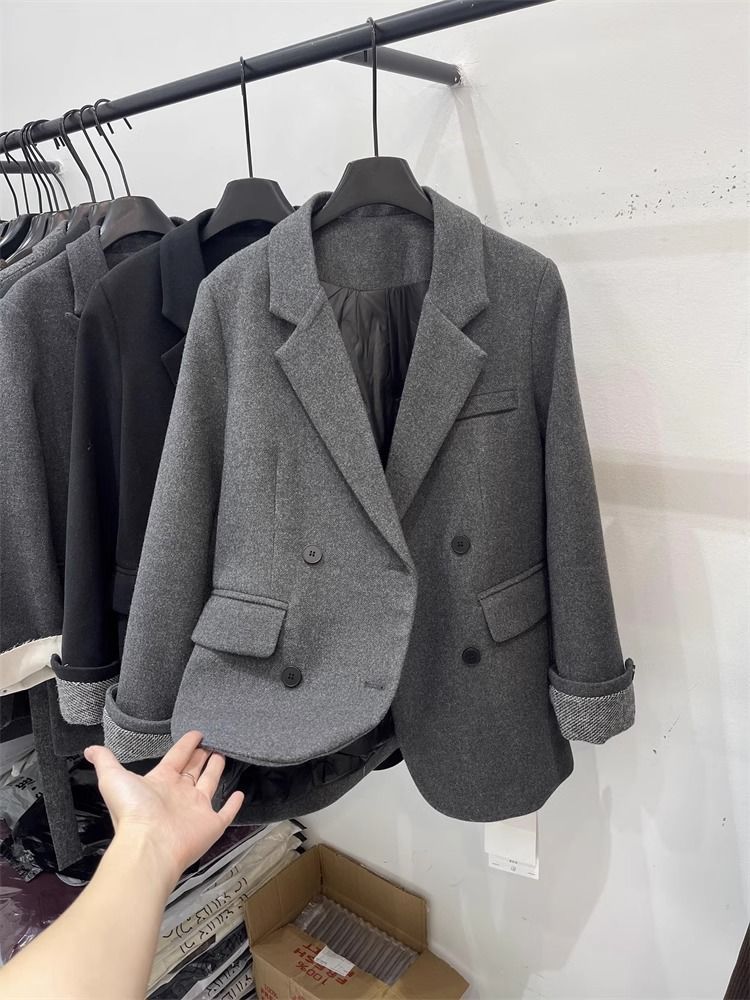 2025 New Korean Style Inner Cotton-Padded Blazer Down Jacket For Women Winter Small Size Rolled Sleeve Elegant Wool Coat_ecoleips.com