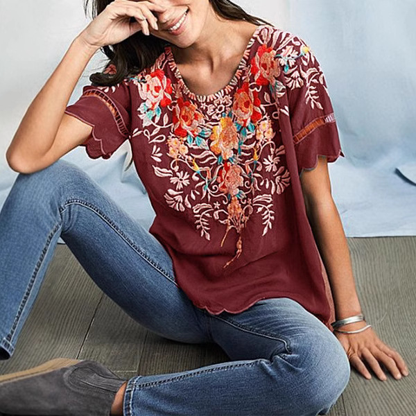 2020 Summer European and American Women's Clothing Amazon Short-Sleeved Embroidered Tops Embroidered Shirts Round Neck Shirts New Style
