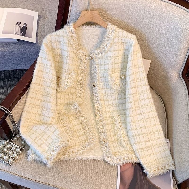 Trendy French-Style Faux Mink Knit Cardigan Jacket for Women 2025 High-End New Chanel-Inspired Elegant Socialite Top Fashion