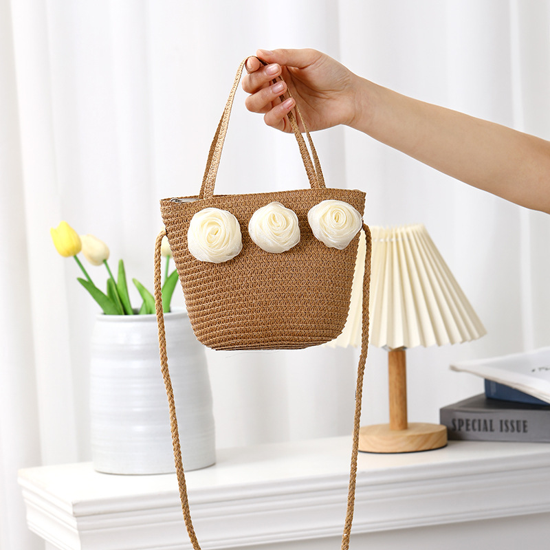 Zipper Closure Type Women's Straw Color Block Flower Vacation Beach Weave Square Zipper Straw Bag
