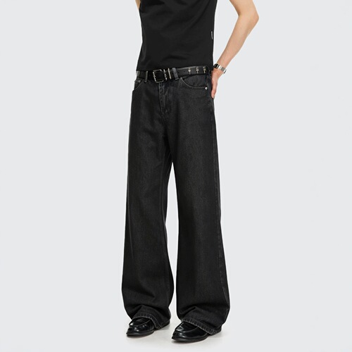 American retro thorn embroidery black ox handsome jeans for men and women's loose casual wide-leg clean fit micro-pants