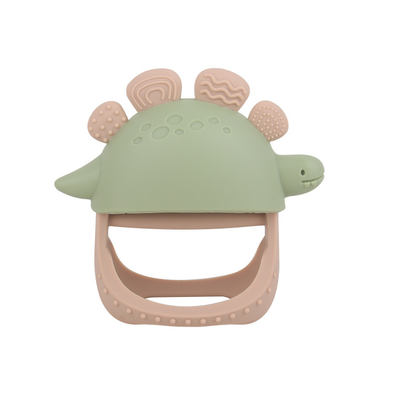 Nuevos guantes de mordedor de dinosaurio de silicona anti-comer para bebés