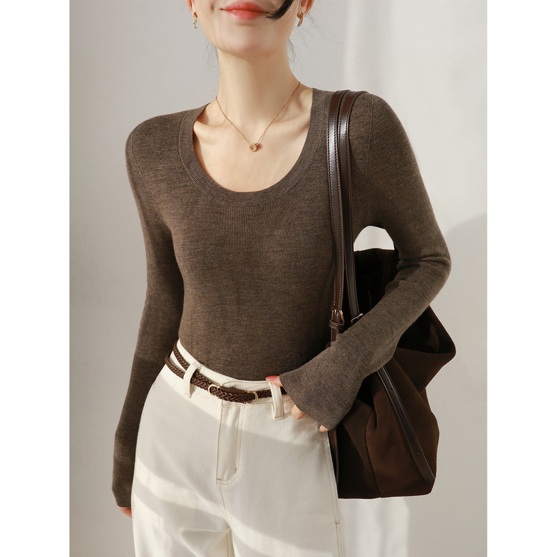 U-Neck Classy Yangtze Yarn Seamless Slim-Fit All-Wool Knitwear Women's Winter Long-Sleeved Pullover Bottoming Knitwear Brown