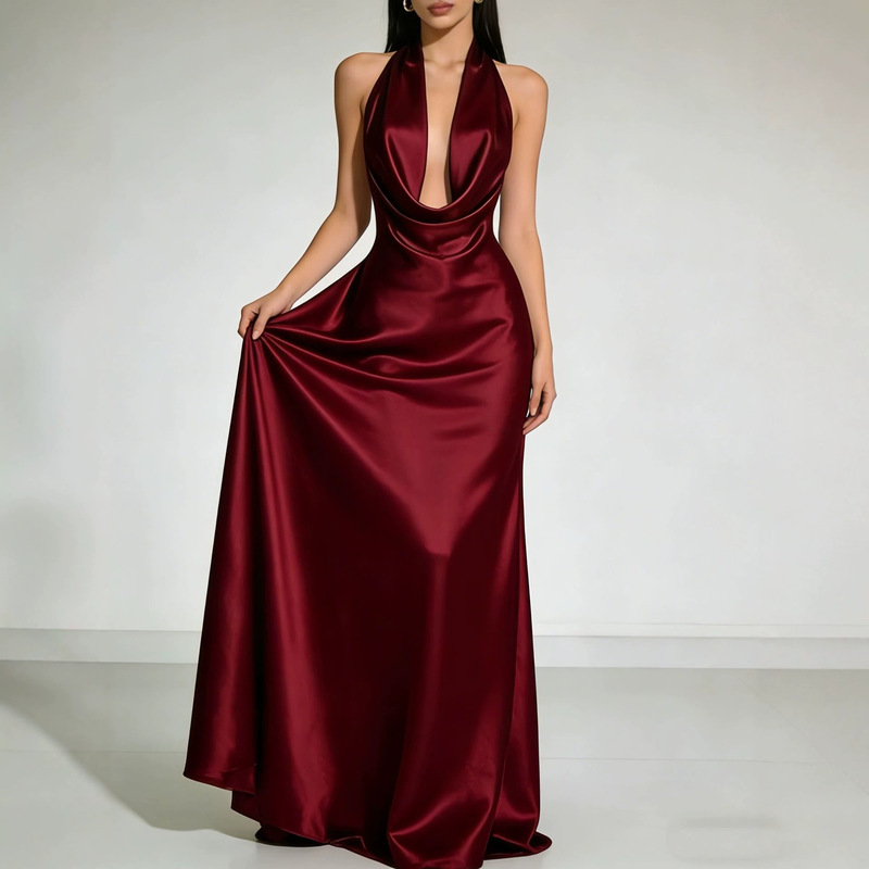 European and American Cross-Border 2026 Summer Halter Neck Backless Satin Evening Dress Party Sexy Bridesmaid Long Dress