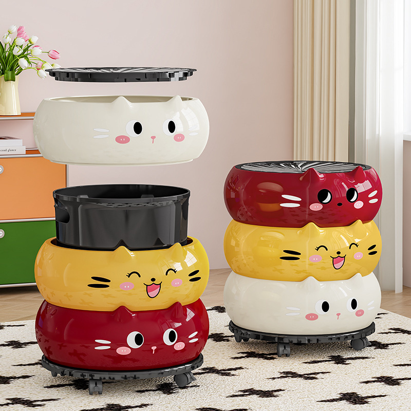 Living Room Trash Can for Home Use, High Aesthetic Value, Cute Cat Design, Suitable for Kitchen, Bedroom, Bathroom, Movable with Lid, Press-Type Waste Bin