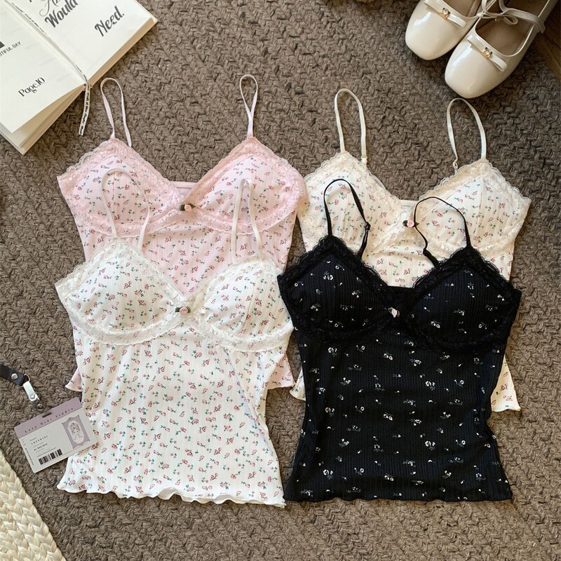 Spring and Summer 6963 French Sweet Lace Stitching Sexy Small Strap Jacquard Anti-strip Floral Beautiful Strap Chest Padded Vest