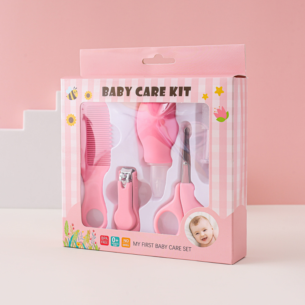 Juego de limpieza para bebés transfronterizo, aspirador nasal para bebés, cepillo de dientes para dedos, tijeras de seguridad, cortaúñas, peine pequeño, juego de 5 piezas
