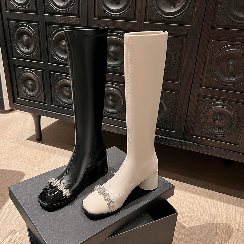 Boot nữ cổ cao ôm bắp chân phong cách vải tuýt, gót thô 5 cm, đế dày, mũi tròn — nhung đen, Lớp lót đơn màu trắng nhạt, Lớp lót đơn màu đen, Lớp lót nhung màu trắng nhạt