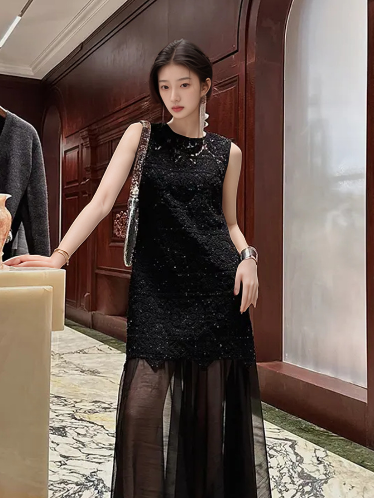 Đầm maxi nữ thêu ren chắp vá phong cách chinoiserie tay ngắn — Màu đỏ san hô, Màu trắng be