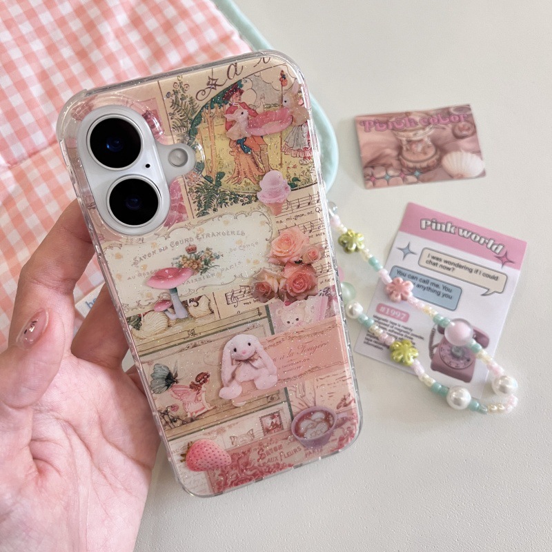 Pintura al óleo retro Rose Bunny Adecuado para Apple 16ProMax Funda para teléfono móvil 15/14 Chicas 13 Cadena 15Pro